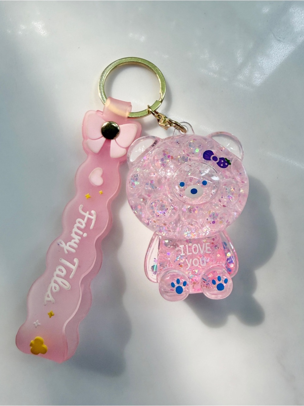 bear liquid Keychain pink Fairy Tales wristlet floating glitter I LOVE U nWOT
